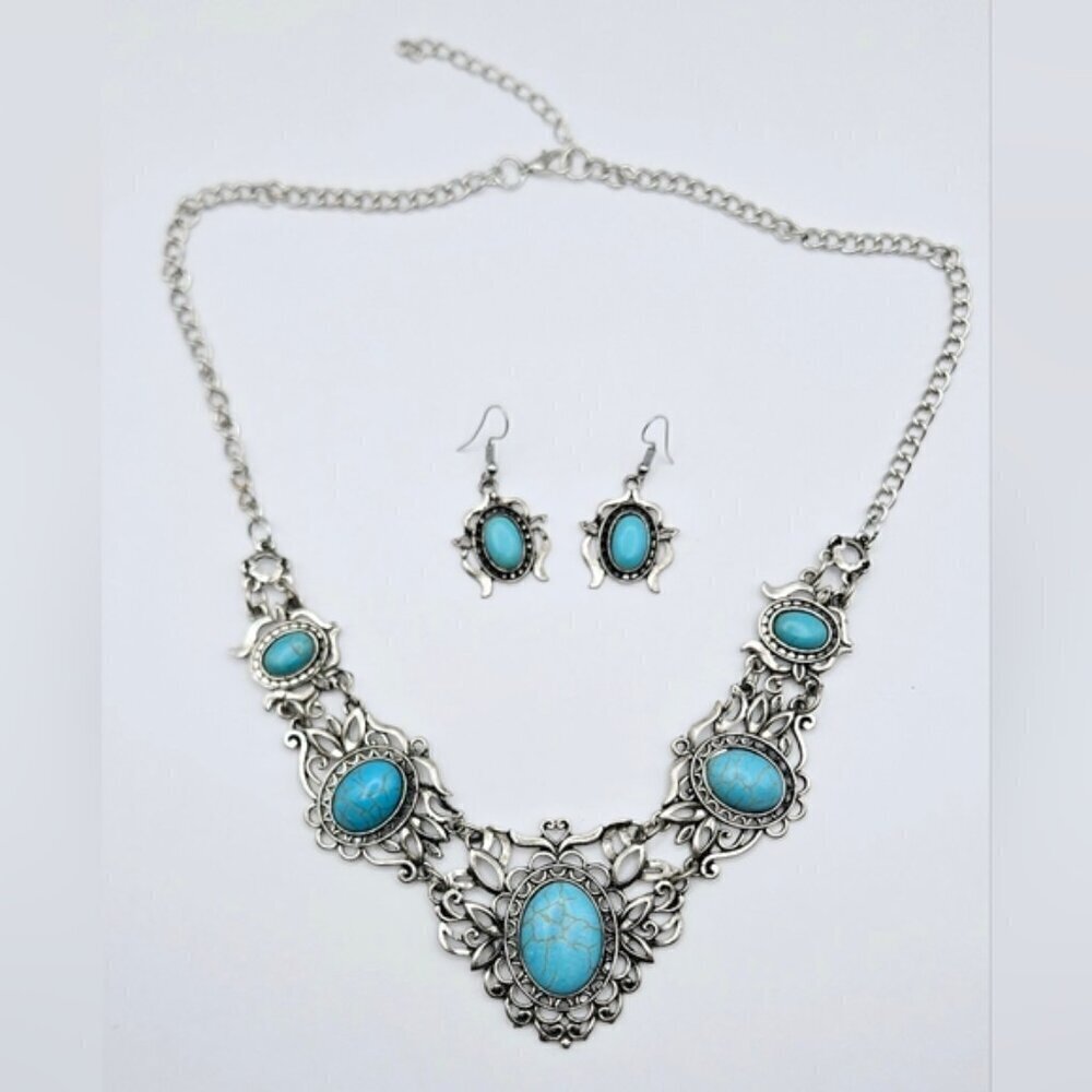 Turquoise Statement Necklace Set Silver Boho Western Bib Earrings Vintage